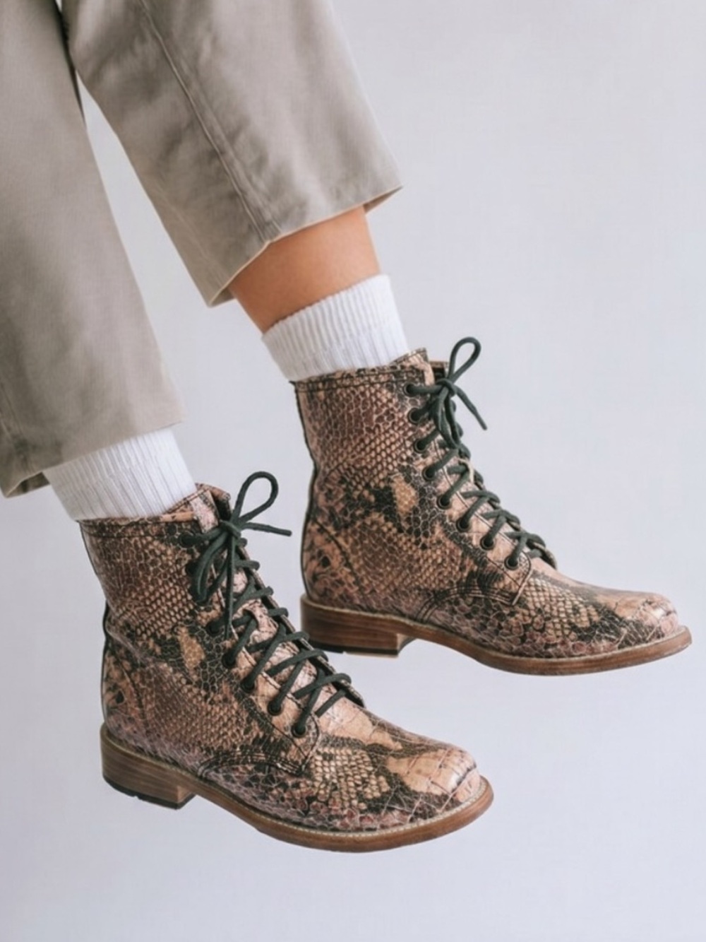 Freebird by Steven Manchester Snakeskin Combat Boots - Brown and Blush